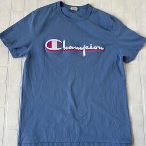 Champion Light Blue Long 100% Cotton Short Sleeve T Shirt Embroidered Logo sz L